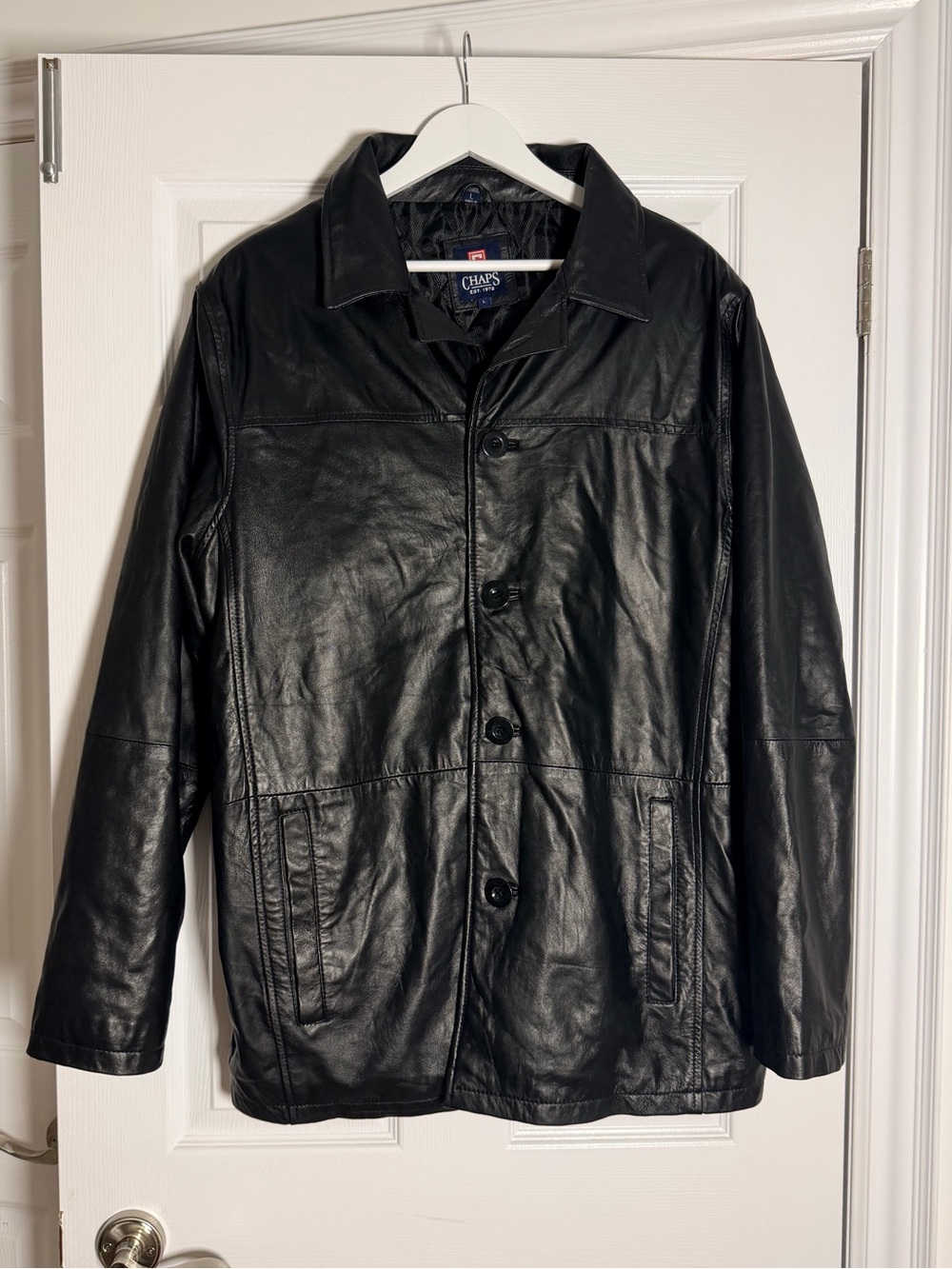 Vintage Chaps Black Genuine Leather Car Coat Jacket L